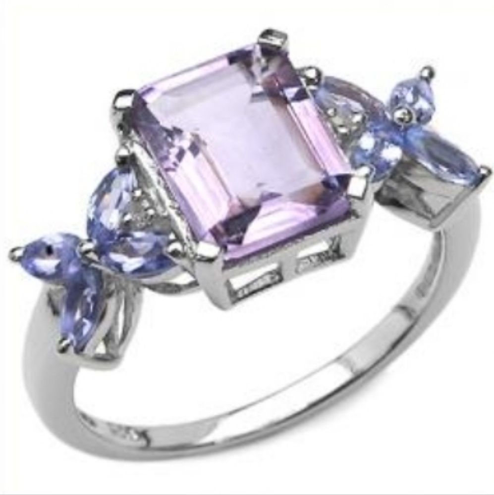 Amethyst, Tanzanite, and Diamond sterling silver Ring